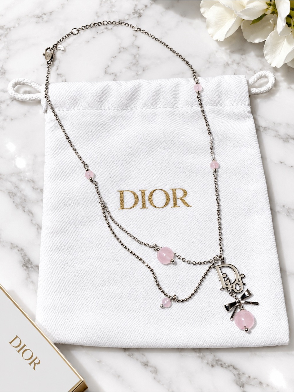 Christian Dior Logo Charm Bow Pink Bead Layered Necklace Silver Tone - Picture 1 of 8